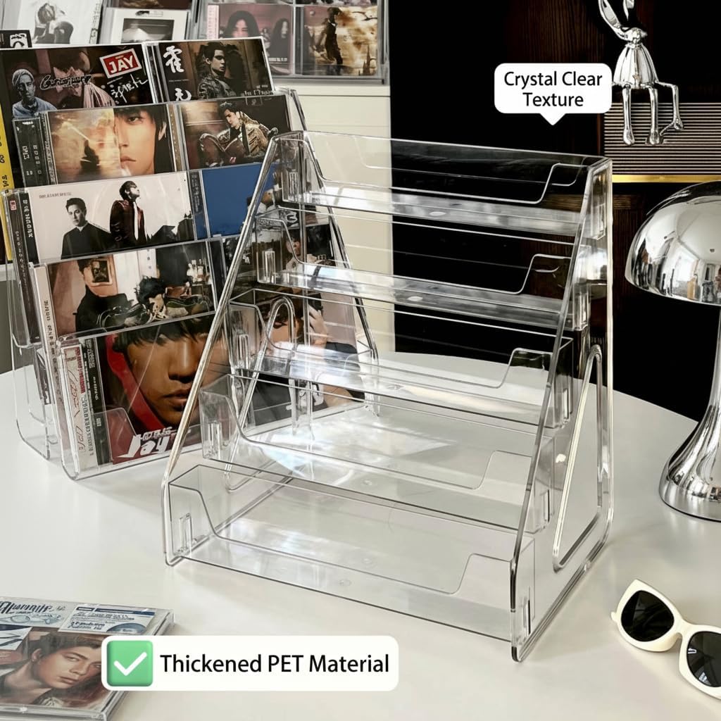 Acrylic CD Rack 5-Tier Cascading CD Storage Organizer, Holds Up to 30 CD Jewel Cases, Clear CD & DVD Display Shelf for Music, Postcards & Cosmetics（1PC）