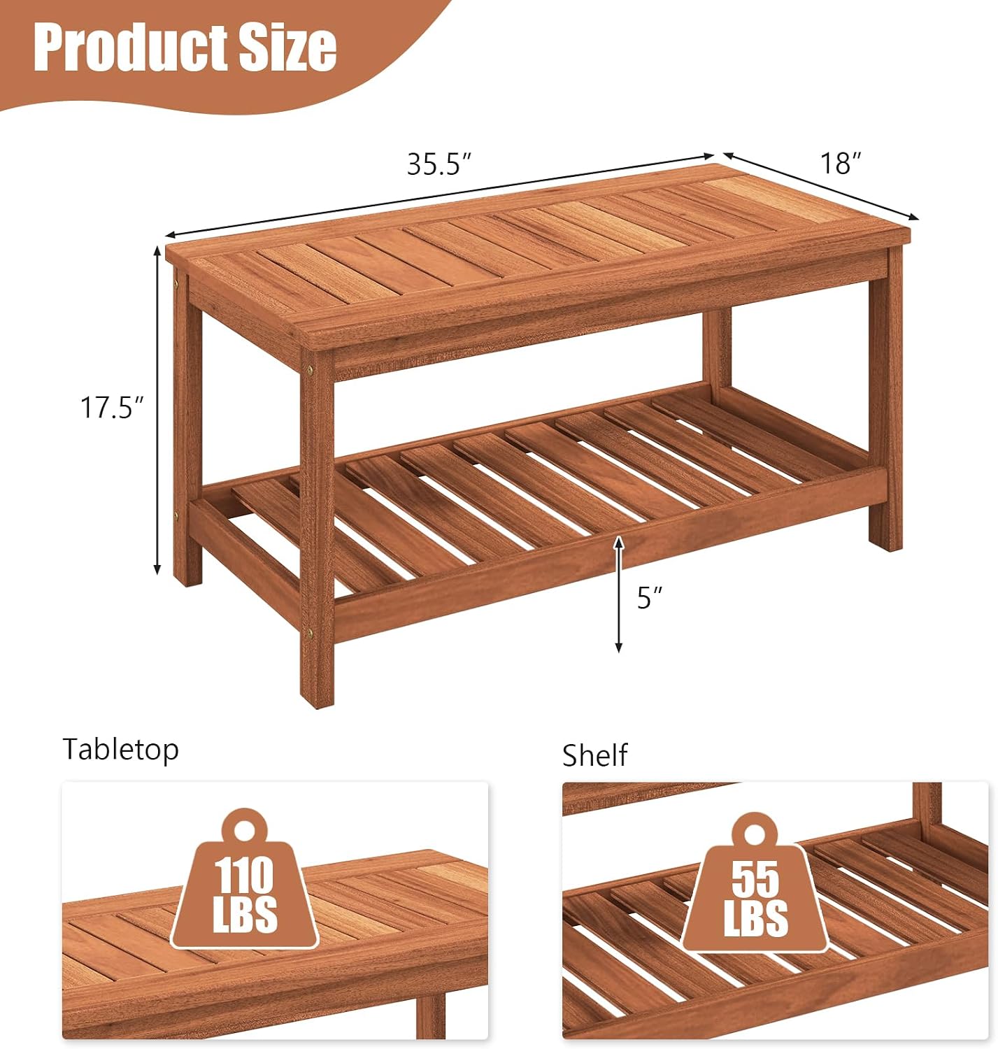 Tangkula Wood Outdoor Coffee Table, 2-Tier Patio Coffee Table with Slatted Hardwood Tabletop & Storage Shelf, Rectangle Wood Table for Deck, Garden, Balcony, Indoor or Outdoor Use (Natural)