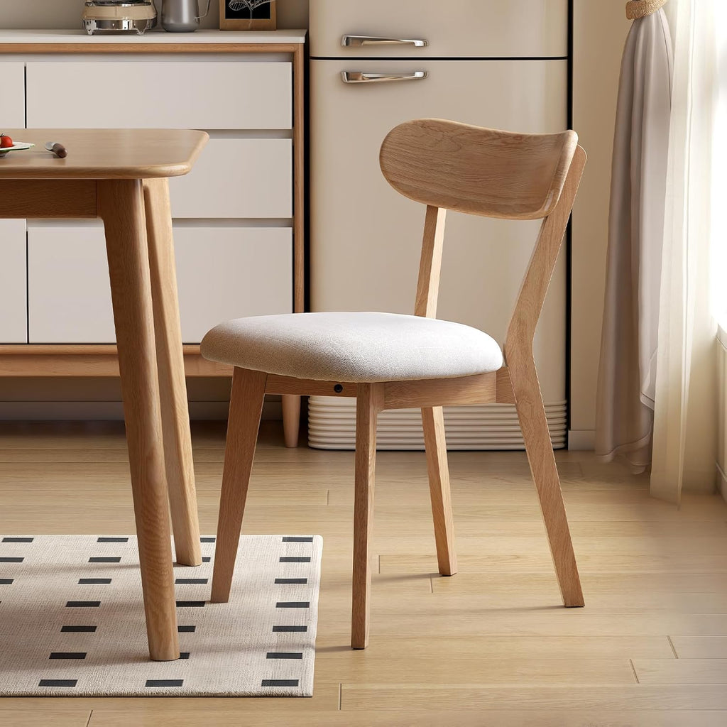100% Solid Oak Dining Chairs, Mid Century Modern Dining Chair with Curved Backrest, Fabric Upholstered Dining Chairs for Kitchen, Study, Living Room (4, Original Wood-Pear White Cushion)