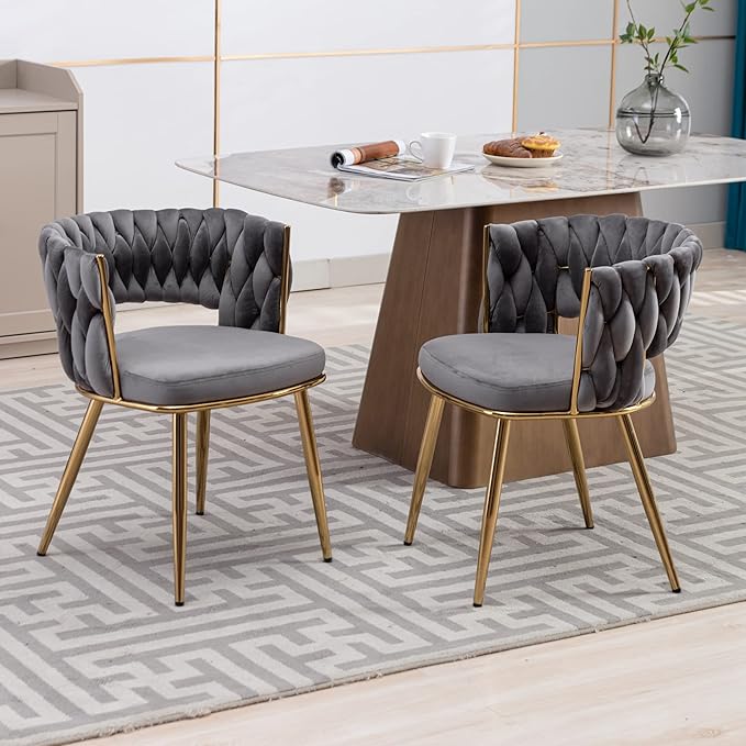 KCC Velvet Dining Chairs Set of 2, Gold Modern Dining Chair with Metal Legs, Woven Upholstered Dining Chairs for Dining Room, Kitchen, Vanity, Living Room (Gray)