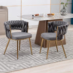 KCC Velvet Dining Chairs Set of 2, Gold Modern Dining Chair with Metal Legs, Woven Upholstered Dining Chairs for Dining Room, Kitchen, Vanity, Living Room (Gray)