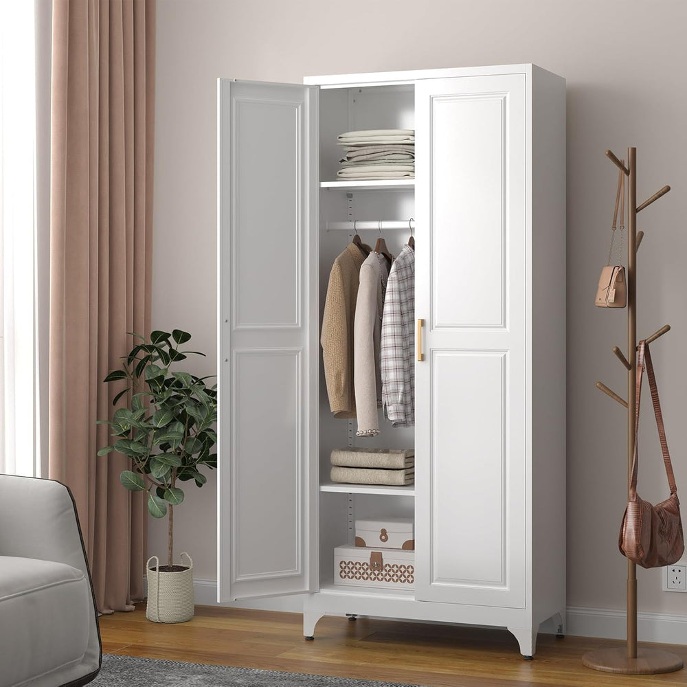 SteeLoong Metal Wardrobe Cabinet with Hanging Rod, 71" Tall Armoire Ward...