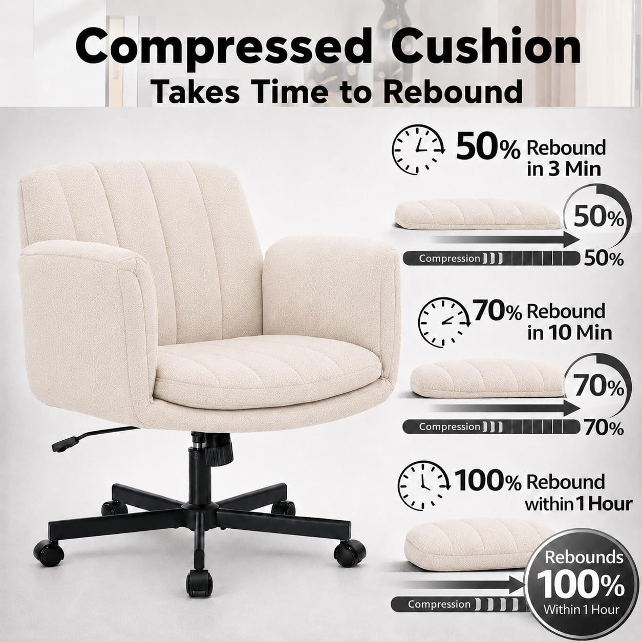 Criss Cross Office Chair with Wheels and Arms, Vanity Chair with Back, Comfy Swivel Cross Legged Office Chairs for Ultimate Comfort and Support, Unique Multifunctional Stylish Arms (Fabric Beige)