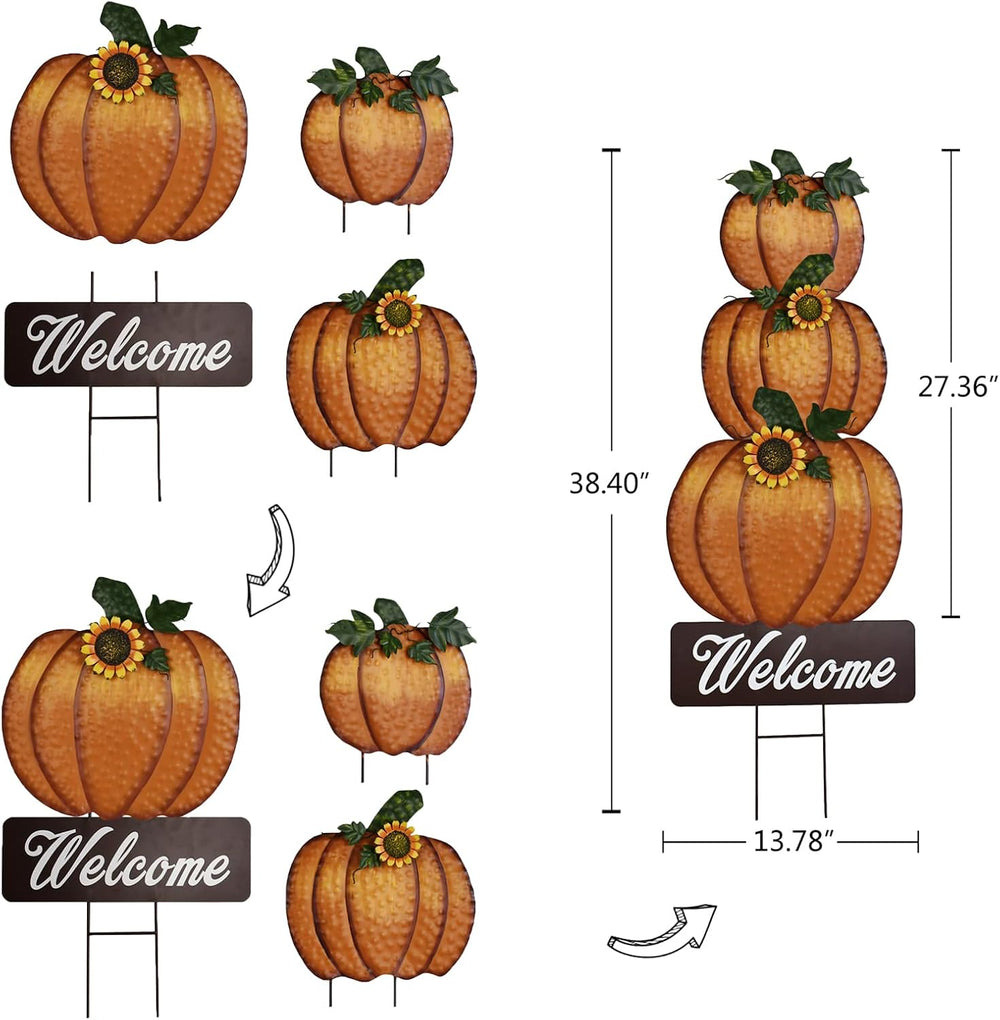 Metal Fall Pumpkin Stake Decorative Stacked Pumpkins Yard Welcome Sign