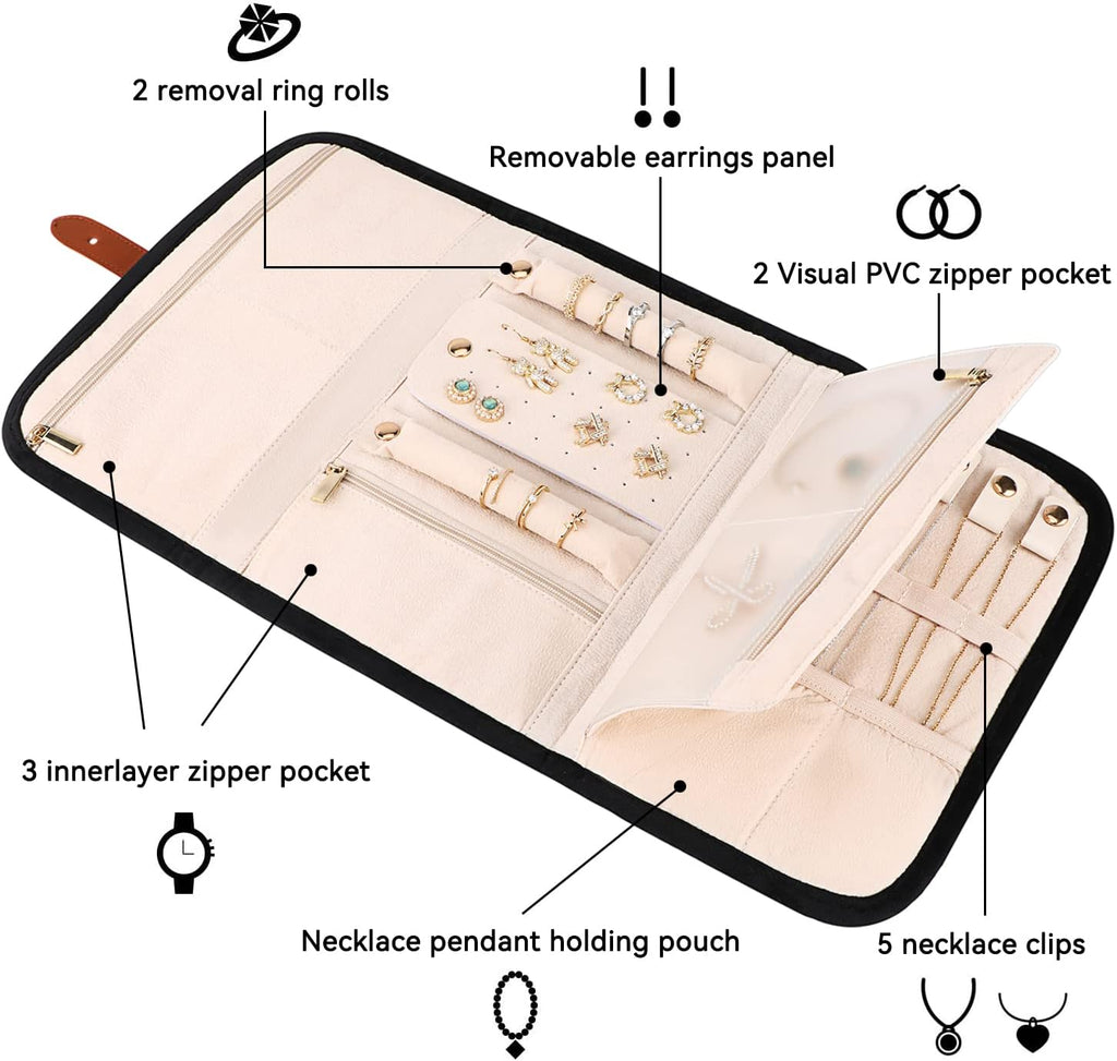 Voova Travel Jewelry Holder Organizer Case, Large Jewelry Storage Bag for Women Girls, Foldable Traveling Jewellery Pouch Roll for Necklaces Rings Earrings Bracelets, Black