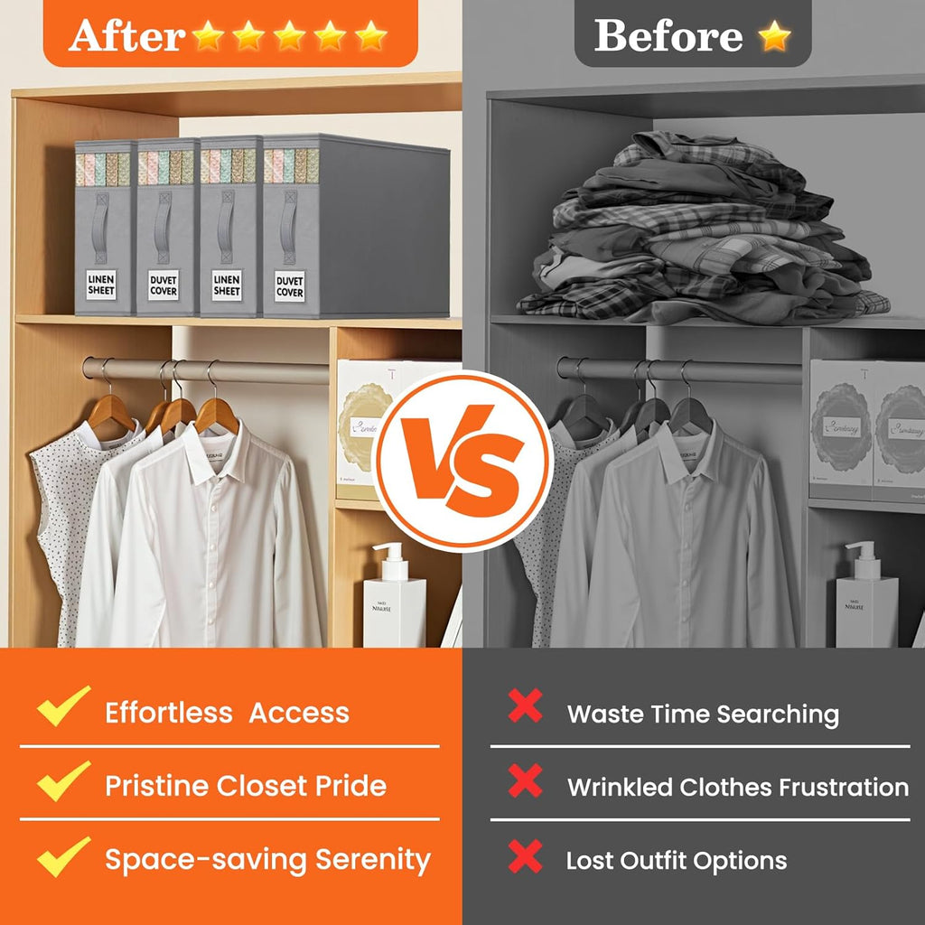 WOWBOX Bed Sheet Organizers and Storage,Closet Organizer Under Bed Storage | Bed Sheet Organizer with Label Cards & Clear Window for Bedding Sheets,Duvet Covers,Blankets (6 Pack,Gray)