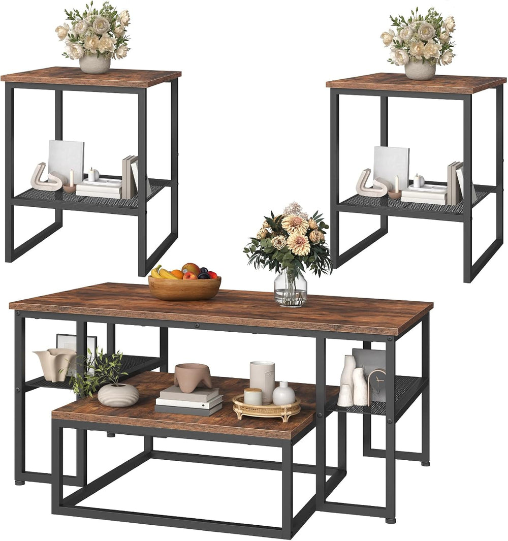 Coffee Table Set of 4, Nesting Coffee Table and 2 Side Tables | Industrial Sq...