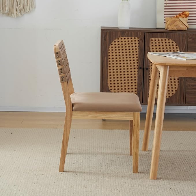VINGLI Khaki Woven Wooden Dining Chairs Set of 4,Armless Mid Century Modern Desk Chairs with Rivet&Foot Pegs,Upholstered Farmhouse Comfy Chair No Wheels for Dining Room,Living Room,Kitchen,Oak,Suede