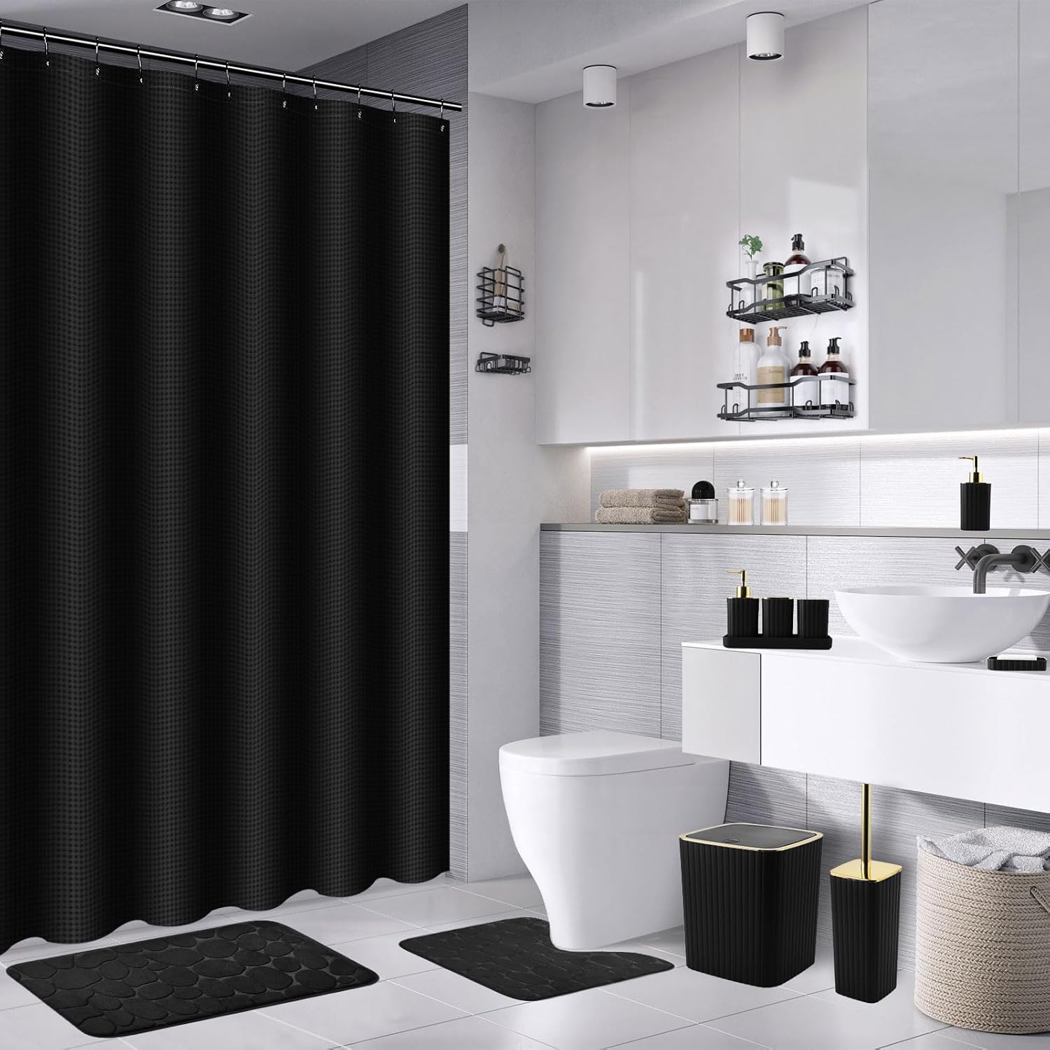 30PC Bathroom Accessories Set - Gorgeous Black Bathroom Set, Bathroom Accessory Set, Black Shower Curtain Set with Shower Caddies
