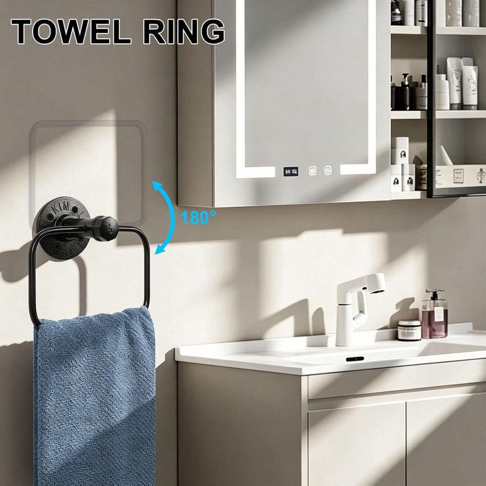 4-Pieces Industrial Pipe Bathroom Towel Ring Kit DIY Wall Mount Accessories K...