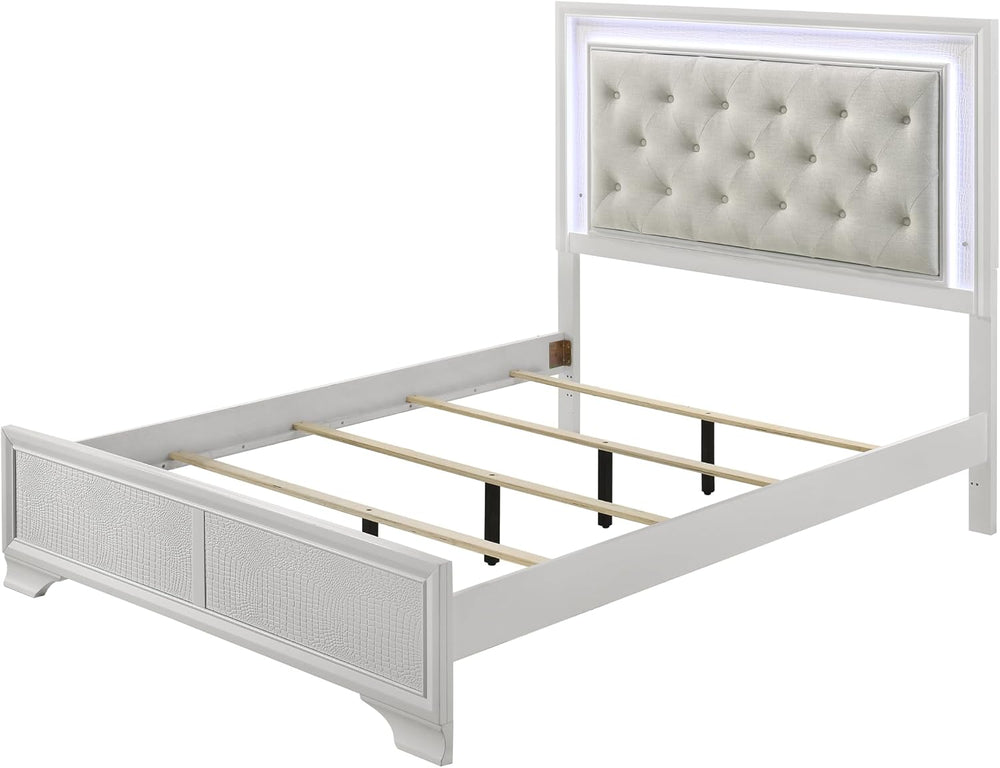Modern Queen Size 1pc Bed Crisp White Textured Finish Tufted Headboard Integr...