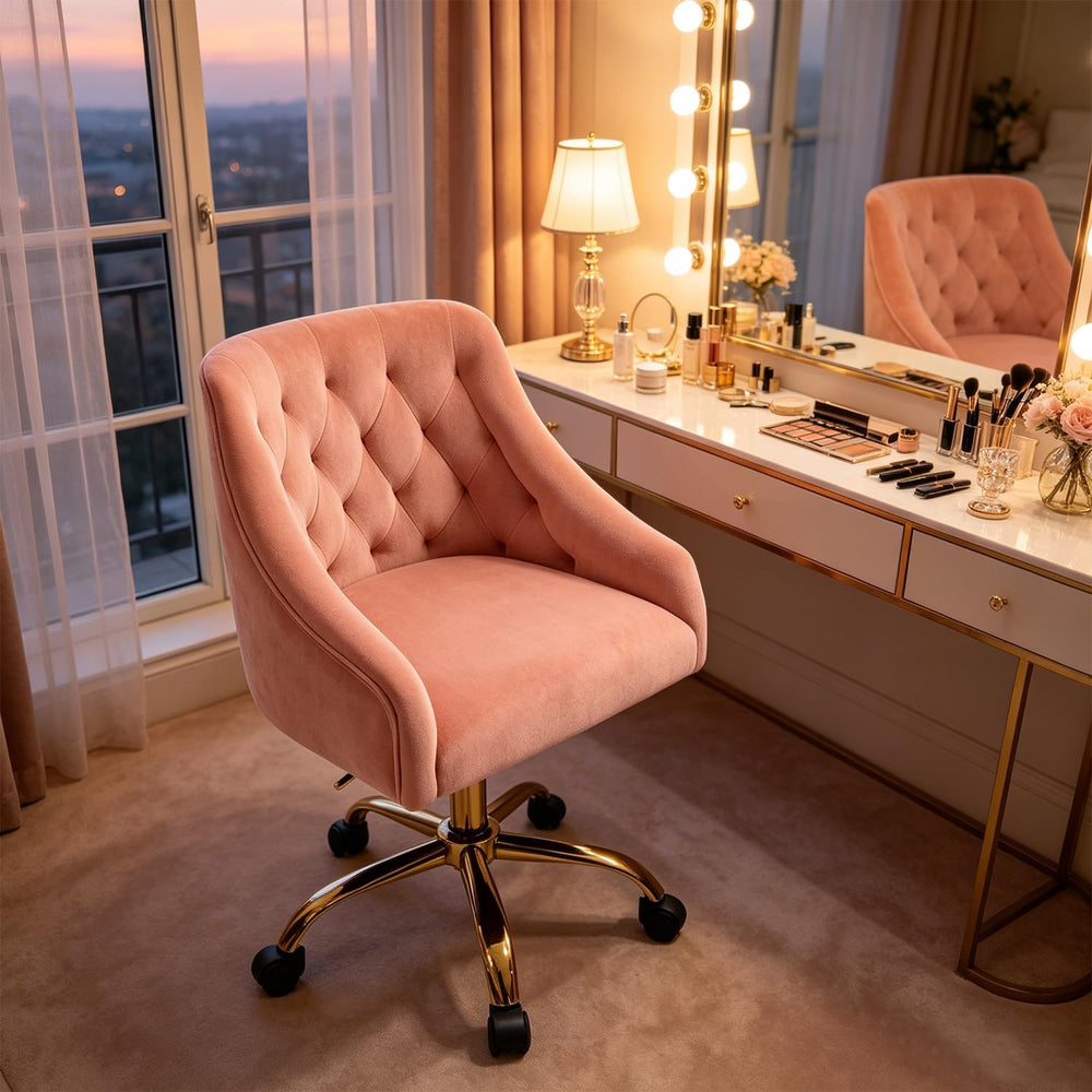 MOJAY Velvet Home Office Desk Chair, Vanity Chair with Wheels Pretty Fancy Go...