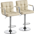 Yaheetech Bar Stools Set of 2, PU Leather Adjustable Swivel Barstools, Hydraulic Kitchen Counter Height Chairs with Armrest and Back for Kitchen, Dining Room, Khaki