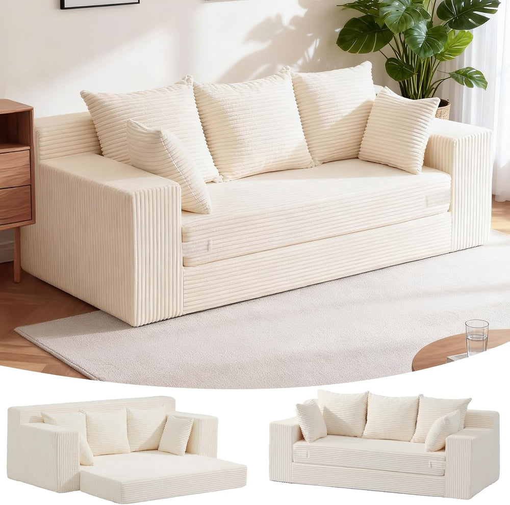 Couch 70 inch, 3 Seater Couch with Pull Out Bed, Loveseat Oversize Beige Futo...