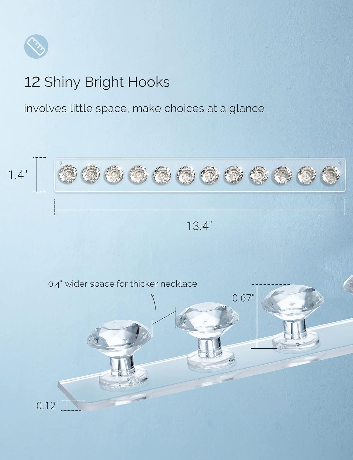 Mymazn 2 Pack Acrylic Necklaces Holder Hanging Jewelry Organizer Wall Mounted Necklace Hangers with 12 Hooks, Clear Jewelry Hangers for Necklace Organizer for Girls Women, Necklace Hooks for Wall