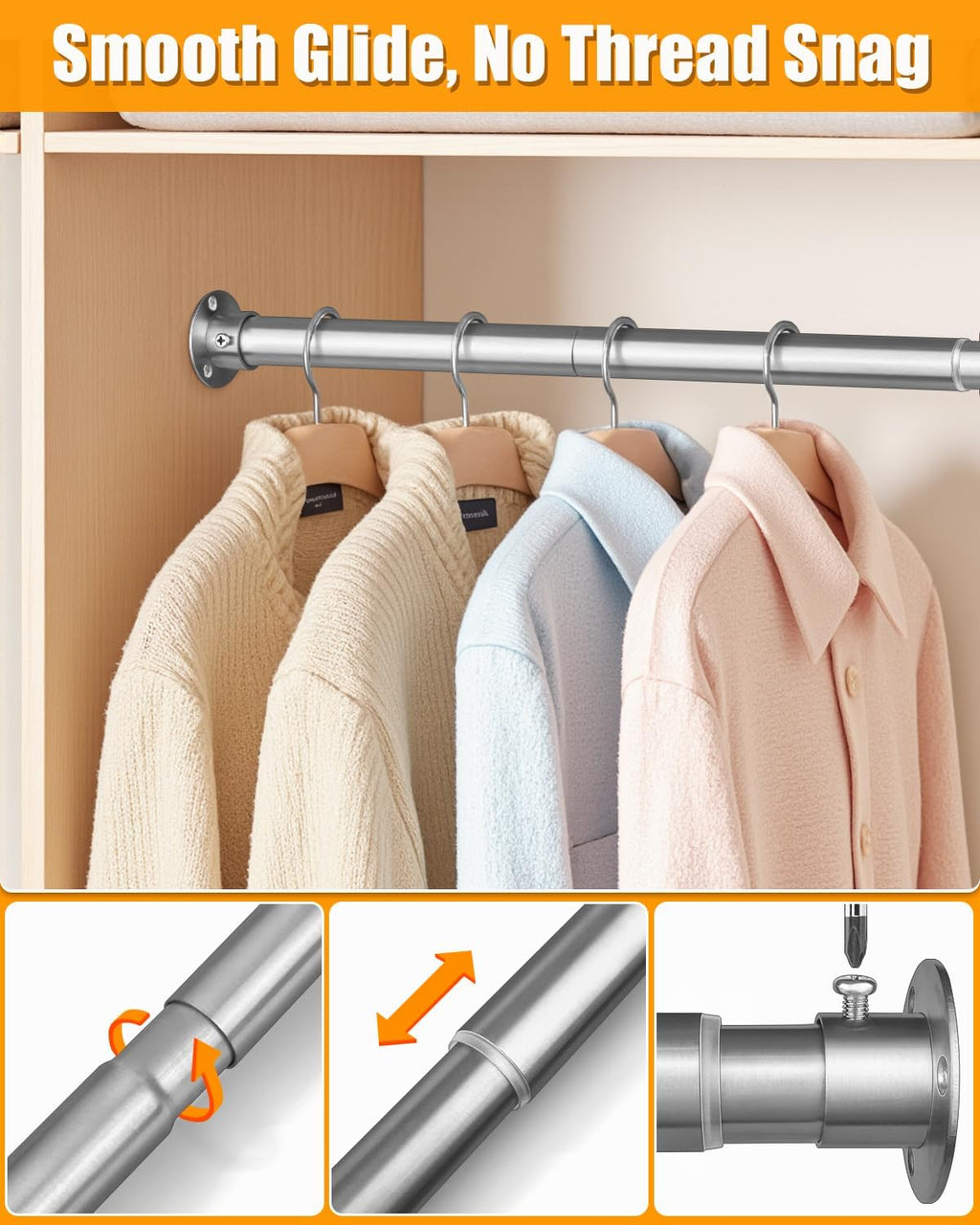 Closet Rods for Hanging Clothes, 17-28 Inch Heavy Duty and Stepless Adjustable Closet Poles, Stainless Steel Closet Hanging Rod for Closet, Wardrobes, Laundry Room, Bathroom, RV (Silver)