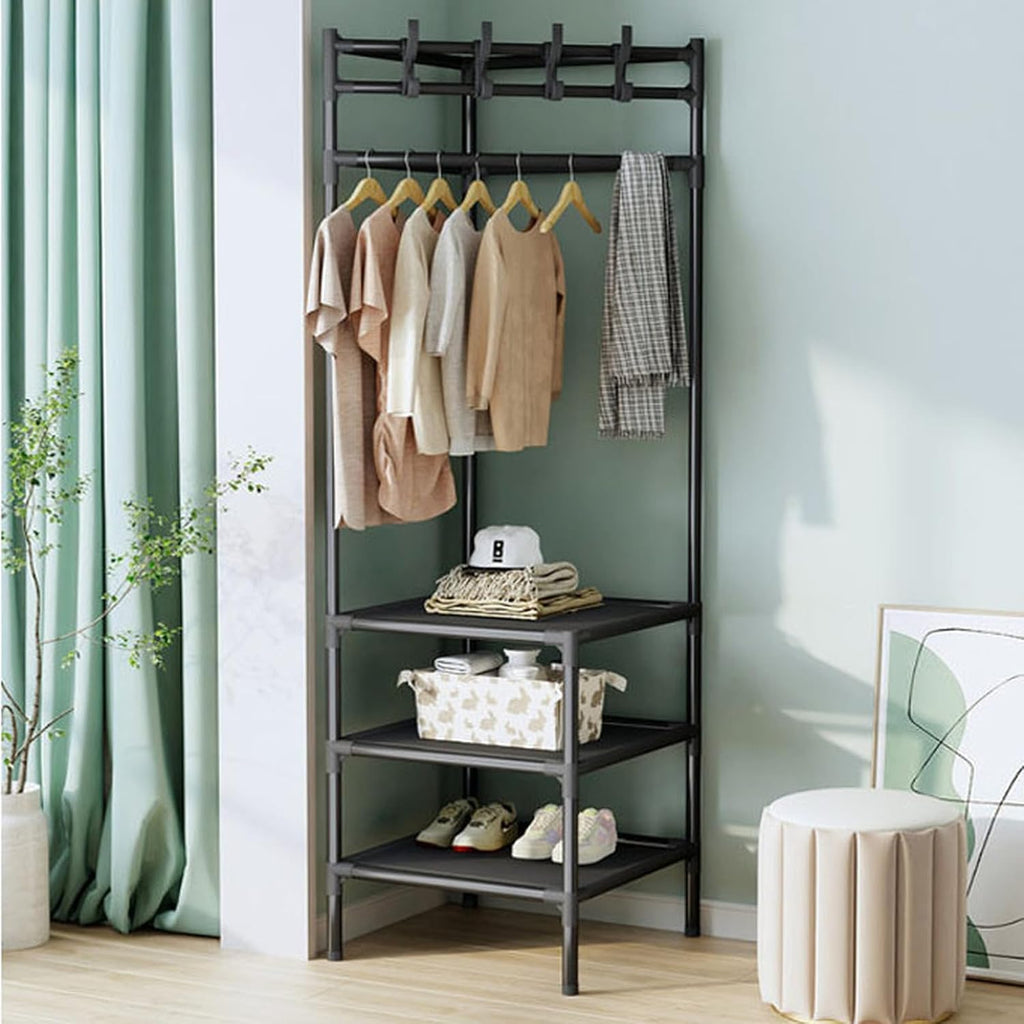 Metal Corner Coat Rack,Corner Hall Tree with 3 Storage Shelves,freestanding Clothes Rack Organizer with Hooks and Thick Clothes Rod, for Entryway Bedroom Living Room Home Office