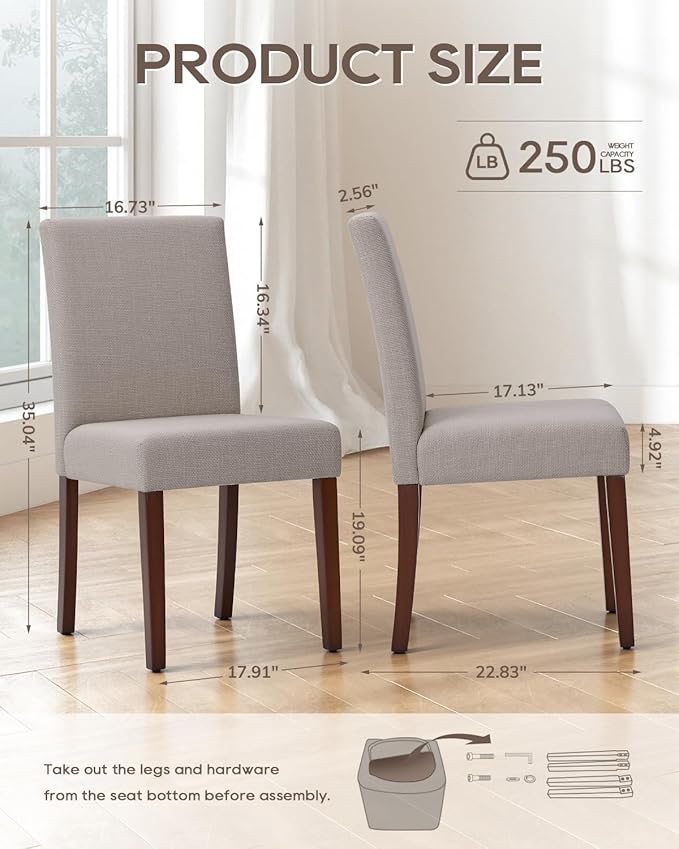 Upholstered Dining Chairs Set of 2 - Line Fabric Modern Farmhouse Kitchen Chairs,Mid-Back Dining Room Chairs with Wooden Legs
