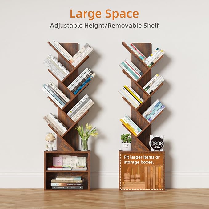 10 Tier Tree Bookshelf,Floor Standing Wood Tall Bookcase for Narrow Space, St...