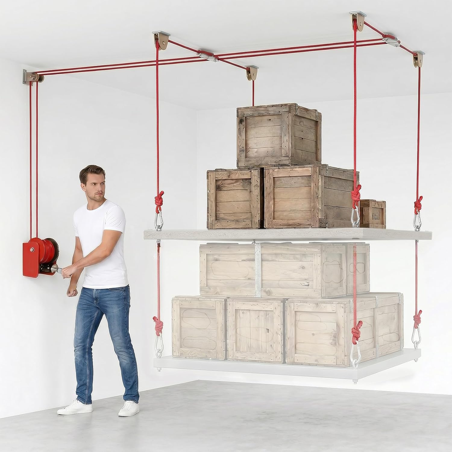 Overhead Garage Storage Lift Hoist, 400 lbs Ceiling Garage Hoist System with Hand Crank, Heavy Duty Double Rope Pulley Lift, Adjustable Garage Organizer for Bikes, Kayaks & Storage Bins (No Platform)