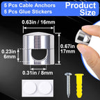 5 Sets Charger Holders for Cords, Silver Adjustable Cable Anchor Holders, Adhesive Metal Cord Clips, Cable Management Wire Organizers for Desk, Office, Nightstand