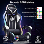 HOFFREE RGB Gaming Chair with Speakers Massage Computer Gaming Chair with LED Lights and Footrest High Back Video Game Chair for Adults White and Black