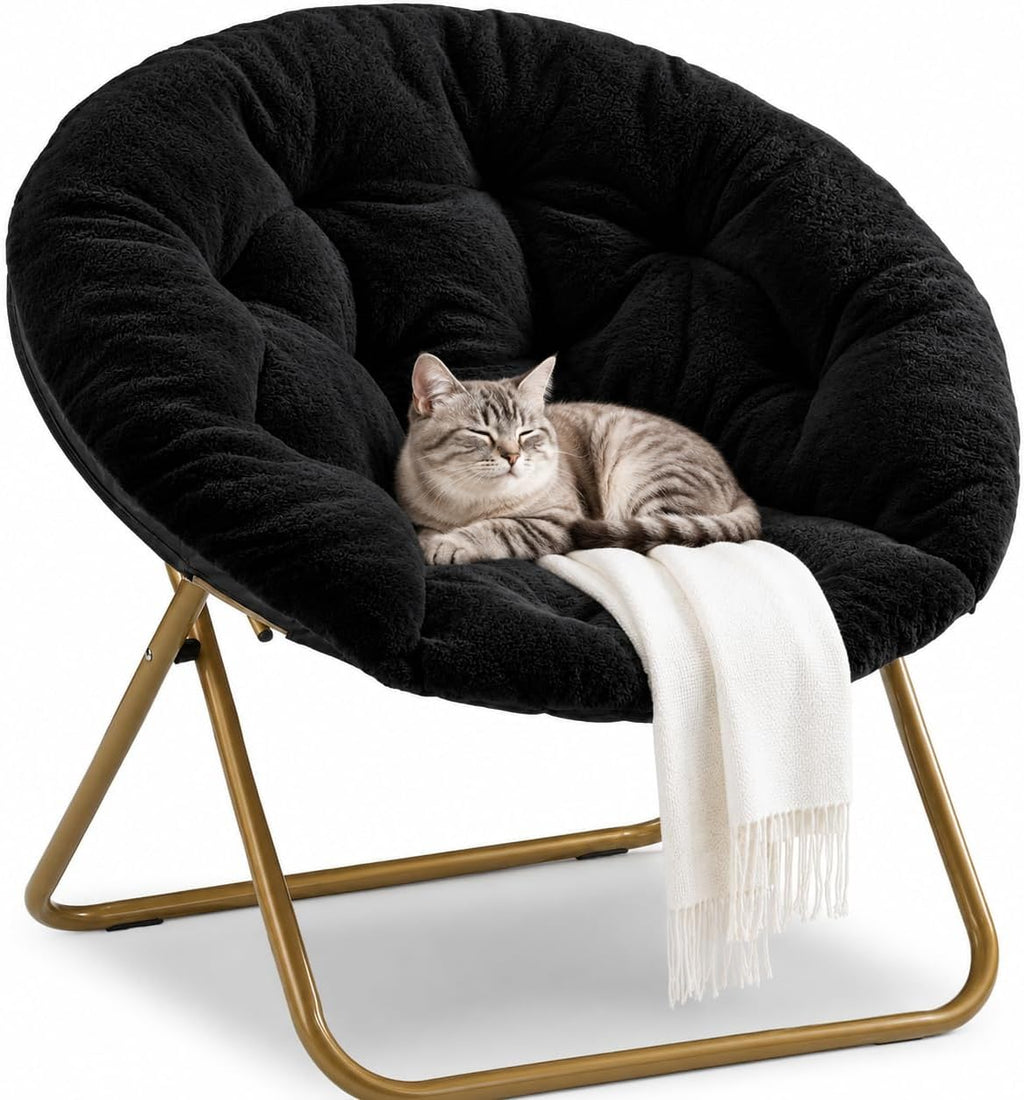 HealSmart Saucer Chair, Comfy Faux Fur Chair for Bedroom, Saucer Chairs for Adults, Teens, Round Shaped Moon Chair with Foldable Metal Frame, Black