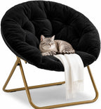HealSmart Saucer Chair, Comfy Faux Fur Chair for Bedroom, Saucer Chairs for Adults, Teens, Round Shaped Moon Chair with Foldable Metal Frame, Black
