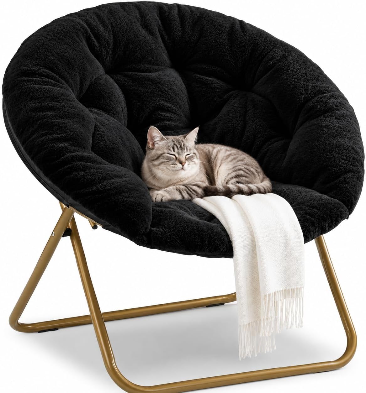 HealSmart Saucer Chair, Comfy Faux Fur Chair for Bedroom, Saucer Chairs for Adults, Teens, Round Shaped Moon Chair with Foldable Metal Frame, Black