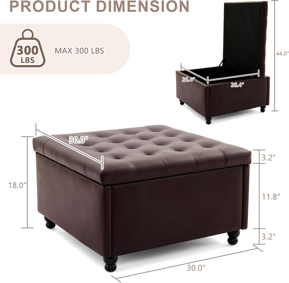 30" Large Square Ottoman with Storage, Leather Ottoman Coffee Table, Bro...