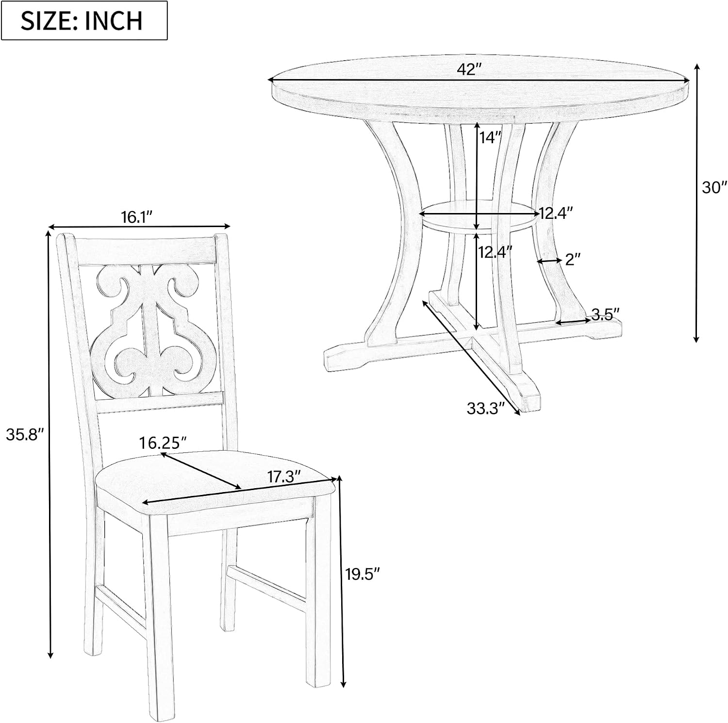 Merax 5 Piece Round Dining Table Set 4 Retro Chairs with Special-Shaped Table Legs, Exquisitely Designed Hollow Chair Back for Dining Room, Grey
