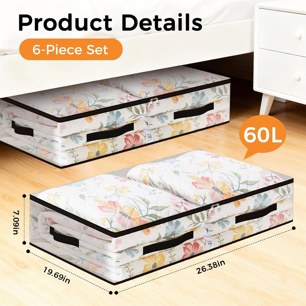 6 Pack Under Bed Storage Bags, 60L Foldable Clear Containers with Handles | Dual Zipper Storage Bins for Comforters, Bedding, Blankets, Closet Organizer for Clothes, Linen Sheets, Sweaters