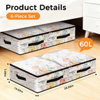 6 Pack Under Bed Storage Bags, 60L Foldable Clear Containers with Handles | Dual Zipper Storage Bins for Comforters, Bedding, Blankets, Closet Organizer for Clothes, Linen Sheets, Sweaters