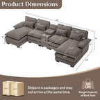 OUYESSIR 133" U Shaped Cloud Sectional Couch with USB Port, Stone Grey | 4 Seat, Double Chaise Lounge, Central Console, Cup Holders