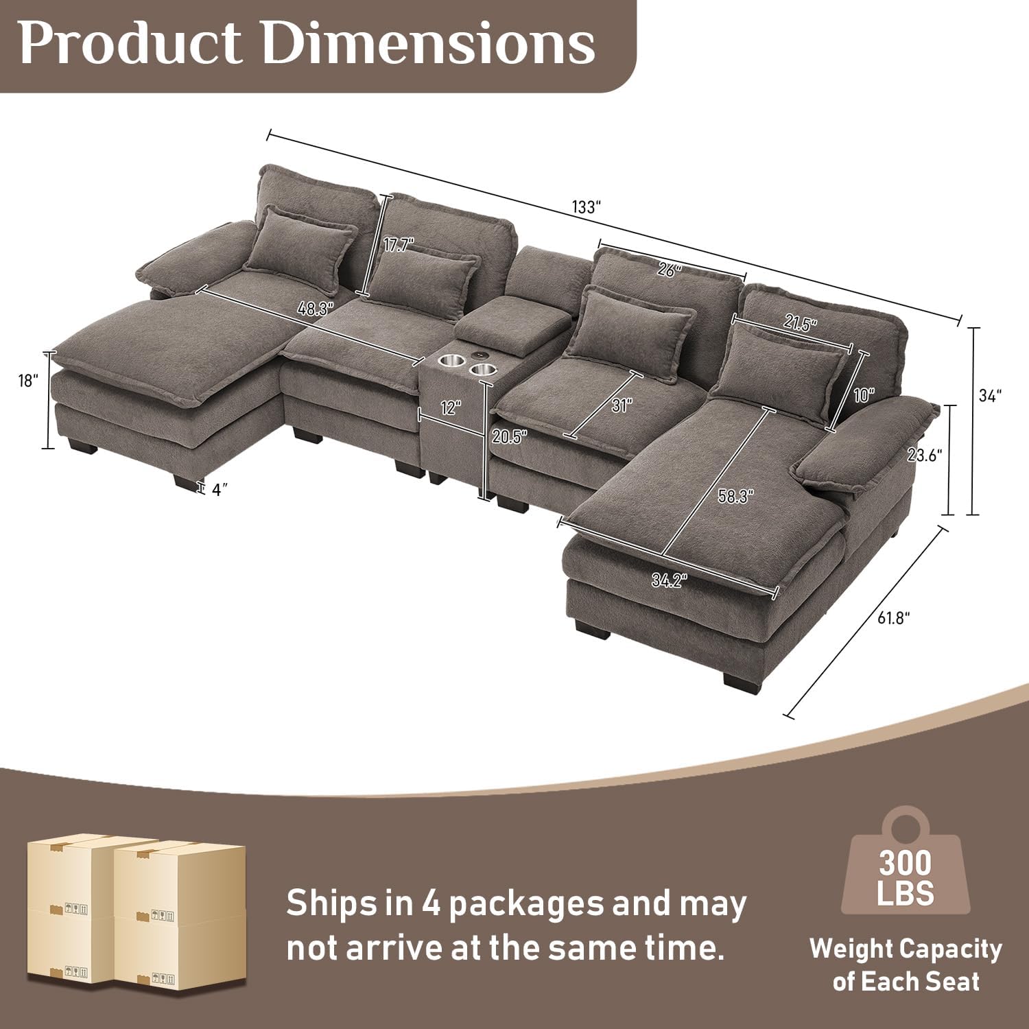 OUYESSIR 133" U Shaped Cloud Sectional Couch with USB Port, Stone Grey | 4 Seat, Double Chaise Lounge, Central Console, Cup Holders
