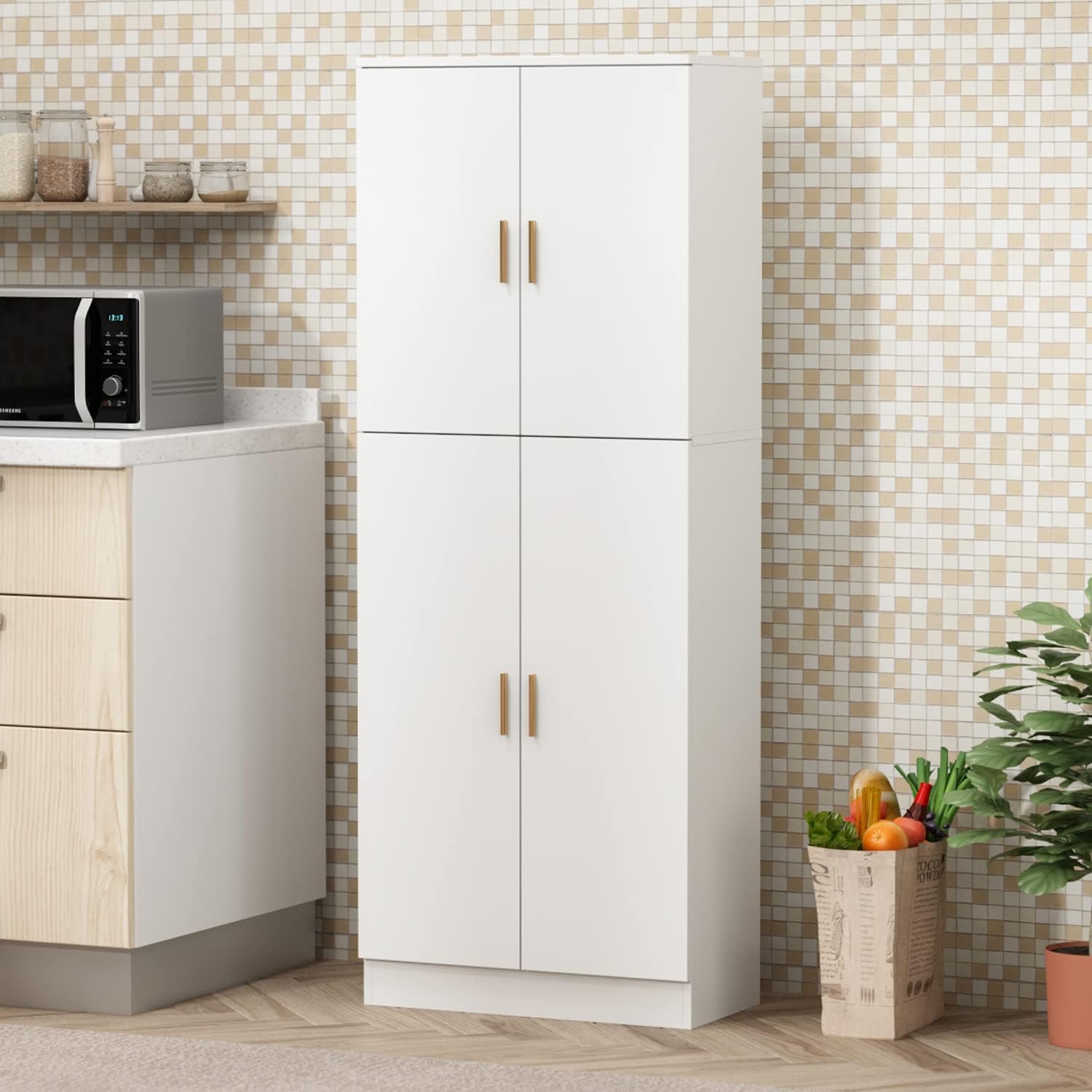 ECACAD Kitchen Pantry with 4 Doors & Adjustable Shelves, 5-Tier Wood Storage Cabinet, Freestanding Kitchen Cupboard Floor Cabinet for Living Room, White (23.3”W x 11.8”D x 61.2”H)