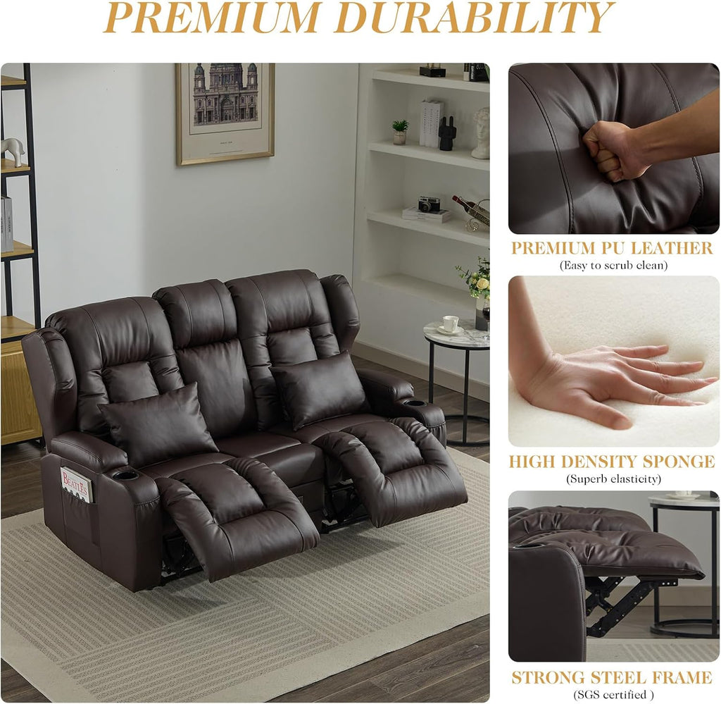 Loveseat Recliner Sofa,RV Wall Hugger Recliners with Flip-up Console,Reclining Loveseat Sofa Recliner with Cup Holders/Lumbar Pillows for Small Spaces,RV Furniture (PU Brown, 68" 2-Seater)