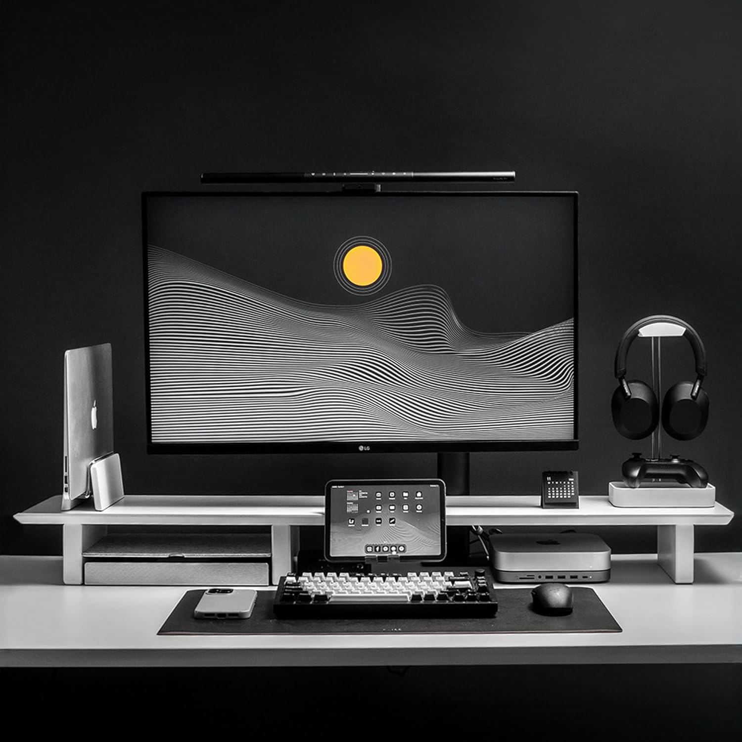 Raico Desk Cockpit Shelf Monitor Stand System Dual Screen Setup Wood Large Desk Accessory Organizer Unit (Matte White, Full Length v2 | 45.7 Inches)