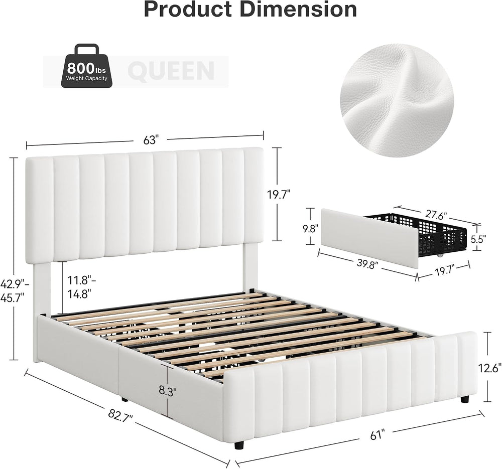 IDEALHOUSE Queen Size Bed Frame with 4 Storage Drawers, PU Leather Linen Upho...