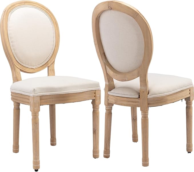 French Country Dining Chairs Set of 2, Cream Kitchen & Dining Room Chairs Set of 2, Ivory Linen Upholstered Dining Chairs, Wood Legs, Sillas De Comedor (Fabric, Beige, 2Pcs)