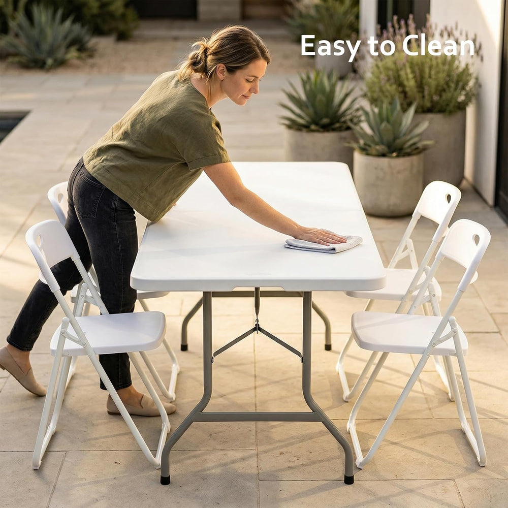 Folding Table and Chairs Set, 6 Foot Foldable Long Plastic Table with 6 Plast...