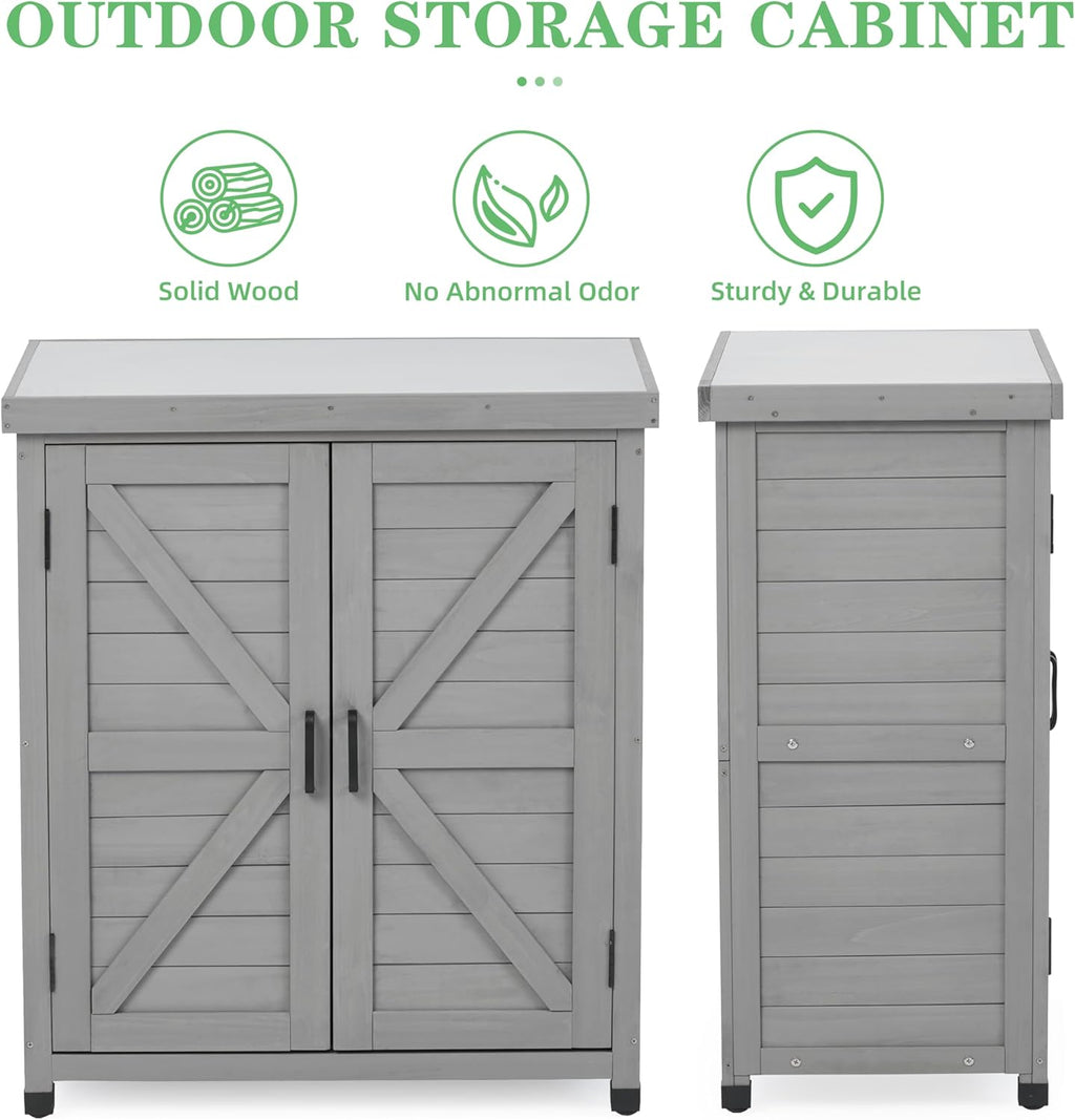 Outdoor Potting Bench with Storage Cabinet and Metal Top, Wood Workstation for Outdoor Patio, Garden (Classic Grey, 31x17x36‘’)