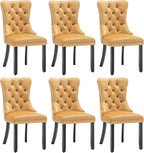 Velvet Dining Chairs Set of 6, Tufted Dining Room Chairs with Nailhead Ring Pull Trim, Upholstered Dining Chairs with Solid Wood Legs for Kitchen Dining Room (Gold)