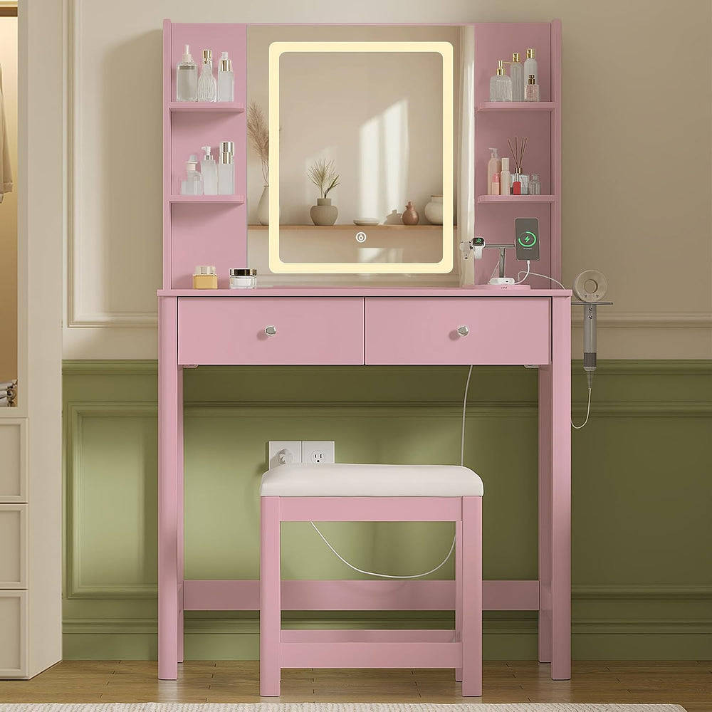 Vanity Desk with LED Mirror, 3 Lighting Modes and Chair | Small Makeup Vanity...