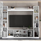 81.1" Large TV Stand with Bookshelves for TVs up to 60", Wall Unit Entertainment Center with Doors, 9 Open Shelves and Cable Holes, Media Console Cabinet for Living Room, White