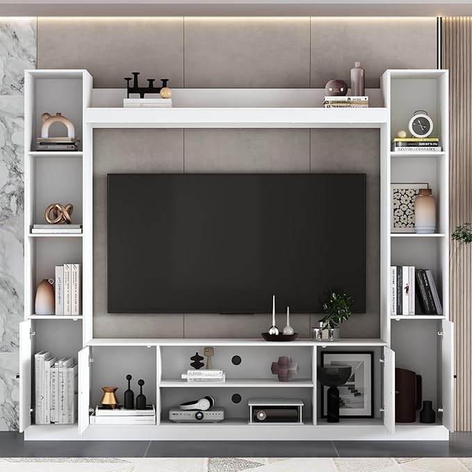 81.1" Large TV Stand with Bookshelves for TVs up to 60", Wall Unit Entertainment Center with Doors, 9 Open Shelves and Cable Holes, Media Console Cabinet for Living Room, White