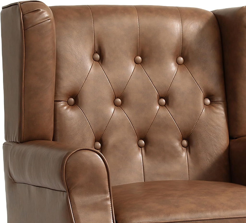 PU Leahter Wingback Accent Chairs Set of 2, High Back Armchair, Brown | Modern Tufted Upholstered Reading Seat with Wooden Legs & Removable Cushion | Comfy Single Sofa for Living Room, Bedroom