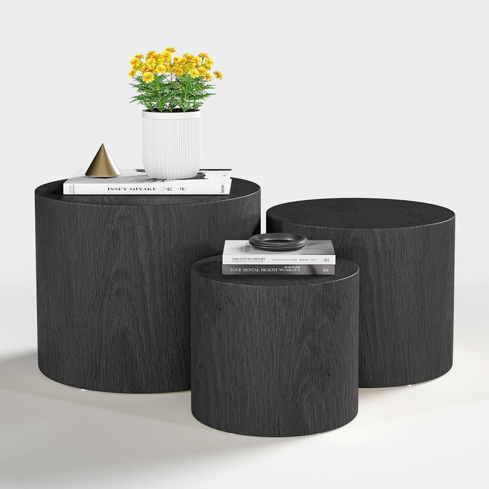 Vikiullf Nesting Coffee Table Set of 3, Round Wooden Coffee Tables, Modern Circle Table for Living Room, Bedroom, Black Side Table End Table, Saving Space Design and No Need Assembly