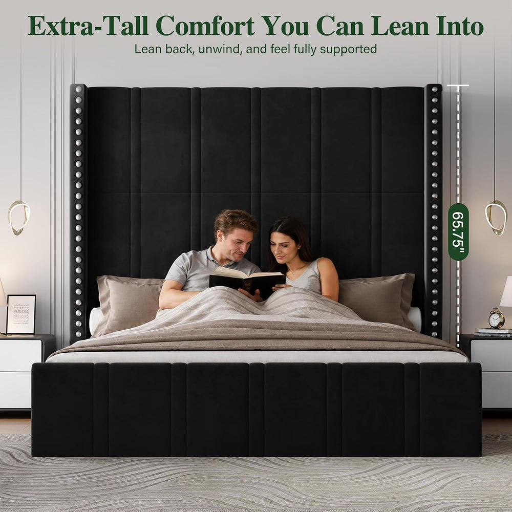 65.75" Tall King Size Bed Frame and Headboard, Black