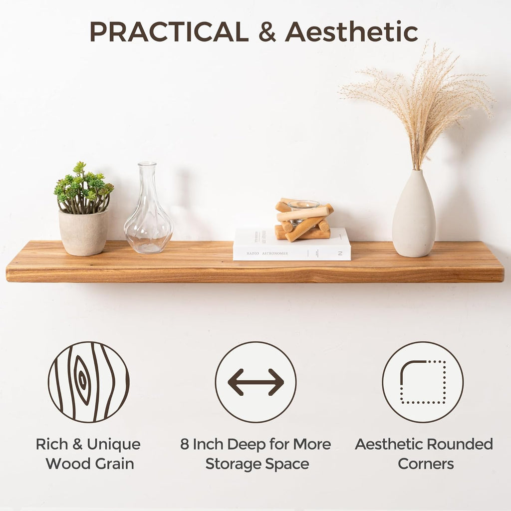 Floating Shelves 40"W x 8"D, Solid Elm Wood Shelves for Wall, 8 Inch Deep Floating Shelves for Home Storage & Display, Rustic Wooden Bathroom Shelves 40 Inch Long, Set of 2, Heavy-Duty Bookshelf